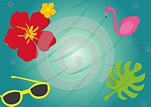 Set of cute summer icons: food, drinks, palm leaves, fruits and flamingo. Bright summertime poster. Collection of scrapbooking