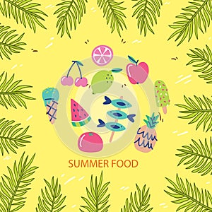 Set of cute summer icons: food, drinks, palm leaves, fruits and flamingo. Bright summertime poster.