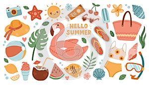 Set of cute summer icons ice cream, coconut, fruits, flamingo. Collection of scrapbooking elements for beach party.