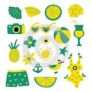 Set of cute summer icons isolated on white backgroun. Tropical holidays. Summer beach. Vector illustration.