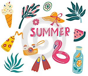 Set of cute summer icons: Tropical leaves, drinks, ice cream, flamingo, fins, camera, sunscreen. Summer vacation. Collection of