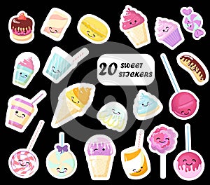 Set of cute sweet icons in kawaii style with smiling face and pink cheeks for sweet design. Sticker with inscription So cute. Ice