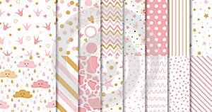 Set of cute sweet pink seamless patterns Wallpaper for little baby girl Pink background collection