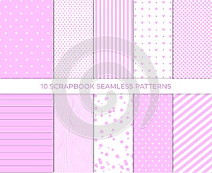 Set of cute sweet pink seamless patterns. Wallpaper for little baby girl. Pink background collection. Baby girl pattern seamless.