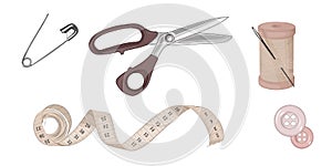 A set of cute tailor`s tools -measuring tape, scissors, buttons, French pin, thread, needle. White isolated background