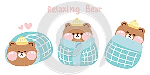 Set of cute teddy bear doll relax in various poses cover with a blanket.Wild