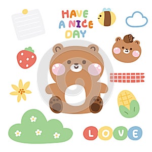 Set of cute teddy bear with tiny icon.Pastel color.Wild animal character cartoon