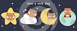 Set of cute teddy bear in various poses in night sky concept.Wild animal character cartoon