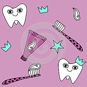 Set with cute teeth, toothbrush, toothpaste, stars and crown