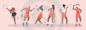 Set of cute tennis players. Women in sport clothes playing big tennis with tennis racket vector flat cartoon illustration