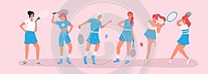 Set of cute tennis players. Women in sport clothes playing big tennis with tennis racket vector flat cartoon illustration