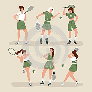 Set of cute tennis players. Women in sport clothes playing big tennis with tennis racket vector flat cartoon illustration