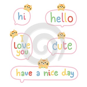 Set of cute text with tiny cat on box message.Pastel color collection.Pet animal