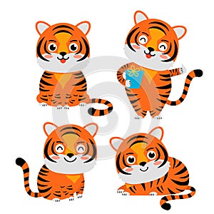 Set of cute tiger cubs. 2022 year of the tiger is the symbol of the new year of the Chinese calendar