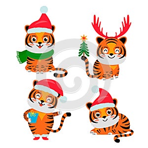 Set of cute tiger cubs dressed as Santa Claus. The year 2022 of the tiger is a symbol of the new year in the Chinese calendar