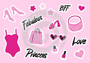 Set of cute trendy girly pink stickers. Pink bag, swimsuit, shoes, sunglasses and nail polish. Lettering fabulous