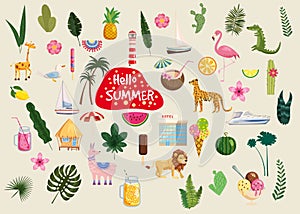 Set of cute trendy hello summer icons food, drinks, cactus, flowers, palm leaves, fruits, ice cream, bungalow, hotel