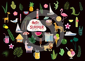 Set of cute trendy hello summer icons food, drinks, cactus, flowers, palm leaves, fruits, ice cream, bungalow, hotel