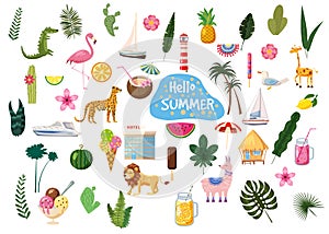 Set of cute trendy hello summer icons food, drinks, cactus, flowers, palm leaves, fruits, ice cream, bungalow, hotel