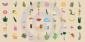 Set of cute trendy summer icons food, drinks, exotic plants, flowers, boats, animals, palm leaves, fruits and flamingos