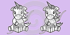 A set of cute unicorn opens a gift, ties a bow on the gift, contour drawing and texture drawing, vector