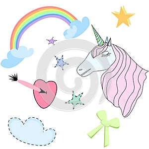 Set of Cute Unicorn, Stars, Rainbow,Bow, Heart on White Background Vector Illustration