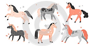 Set of cute unicorns in cartoon style. Vector flat illustration