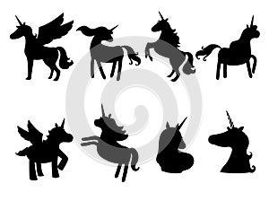 Set of cute unicorns silhouettes,icons,vintage, background, horses, tattoo,Hand drawn, outline, black on white,Vector illustration