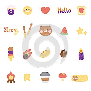 Set of cute various tiny icon with teddy bear face.Cartoon hand drawn collection