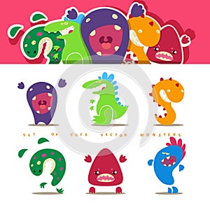 Set of cute vector cartoon monsters in kids style