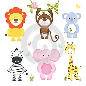 Set of cute vector cartoon wild animals