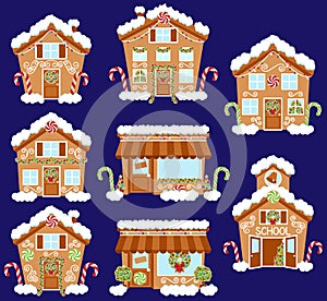 Set of Cute Vector Holiday Gingerbread Houses, Shops and Other Buildings