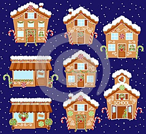 Set of Cute Vector Holiday Gingerbread Houses, Shops and Other Buildings