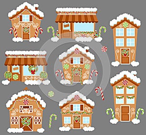 Set of Cute Vector Holiday Gingerbread Houses, Shops and Other Buildings photo