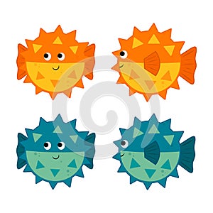 Set cute vector illustration cartoon fish Fugu. orange and blue globefish isolated on white background photo