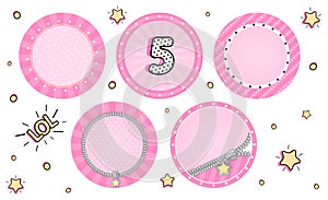 Set of cute vector LOL surprise cupcake toppers. Pink party stickers.