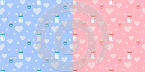 Set of cute vector seamless pattern with baby bottle, pacifier, heart placed horizontally