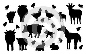 Set of cute vector silhouette cartoon animals at the farm. Sheep, ram, cow, bull, calf, chicken, rooster, goat mother and kid, pig