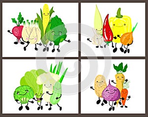 Set of cute vegetables with eyes and smiles on a white background. In collection 4 pictures
