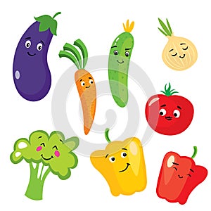 Set of cute vegetables in the form of characters. Eggplant, tomato, cucumber, onion, paprika, pepper, broccoli and carrots.