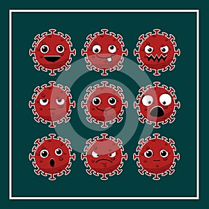 Set of cute virus with facial  expressions. Corona cell character emoticons. Illustration vector