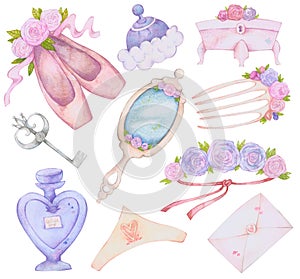 Set of cute watercolor ballerina accessories, isolated ballet theme design elements.