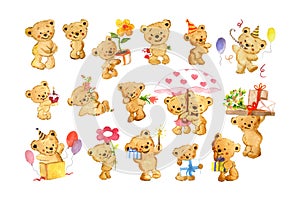 Set with cute watercolor bears for greeting cards