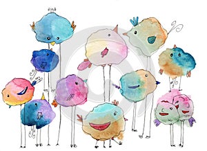 a set of cute watercolor birdies` family in a sketch doodle style