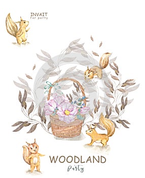 Set cute watercolor bohemian baby squirrel animal and wooden basket poster for nursary, alphabet woodland isolated forest