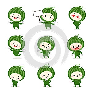 Set of cute watermelon cartoon characters with various activities and emotions