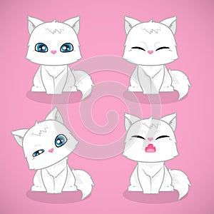 Set of cute white cats flat icons pet design collection isolated over white background.