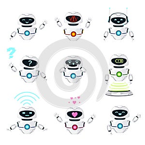 Set of cute white modern levitating robots perform different tasks flat vector illustration isolated on white background