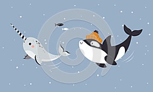 Set of cute wild polar animals. Narwhal and grampus marine mammals vector illustration