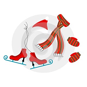 Set of cute winter accessories: Santa Claus red hat, lond scarf, Figure skates and pair of knitted mittens in cartoon